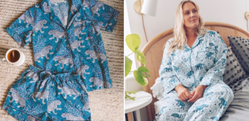 pajamas set next and a woman wearing pajamas
